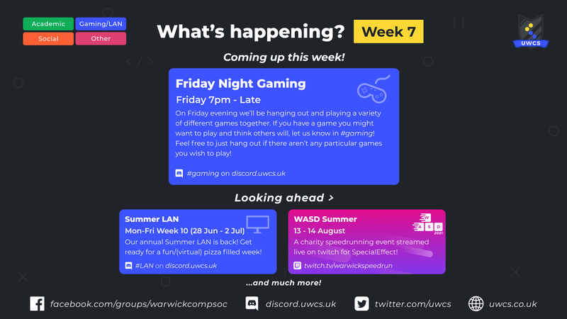 Week 7 schedule: Friday Night Gaming, Friday 7pm-late. Summer LAN Week 10. WASD Summer 13-14th August