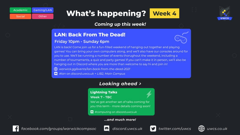 W4 Schedule: LAN Friday 10pm-Sunday 6pm, see above for more details. See our website for future events